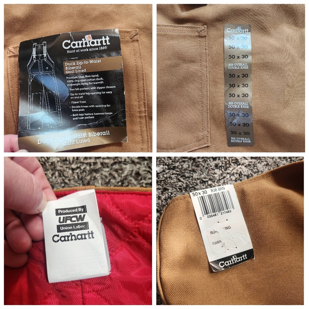 Carhartt Duck Zip-to-waist Biberall Quilt Lined Overall Size 50×30 NWT - Picture 8 of 16